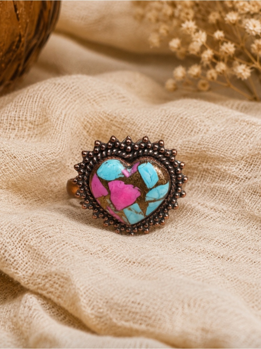 Adjustable Heart Cotton Candy Dahlia and Copper Ring
